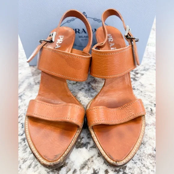 USED Prada Brown Leather Sling Backs in Cognac Size 40 - Picture 6 of 13